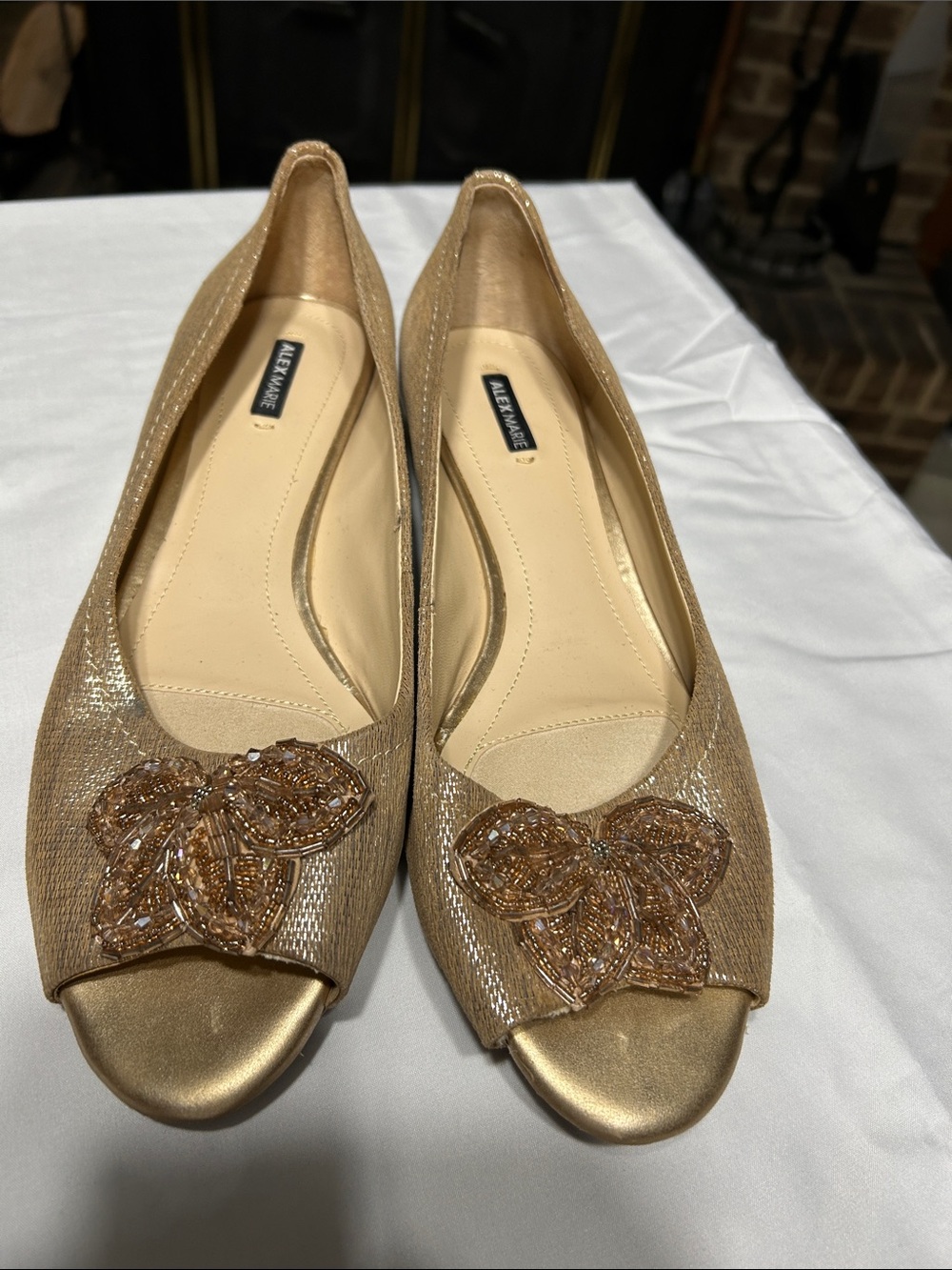 Alex Marie Champagne Gold Beaded Peep-Toe Flats